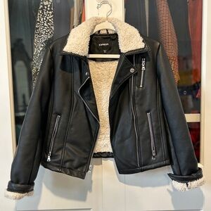 Express Black Leather Jacket with Cream Shearling